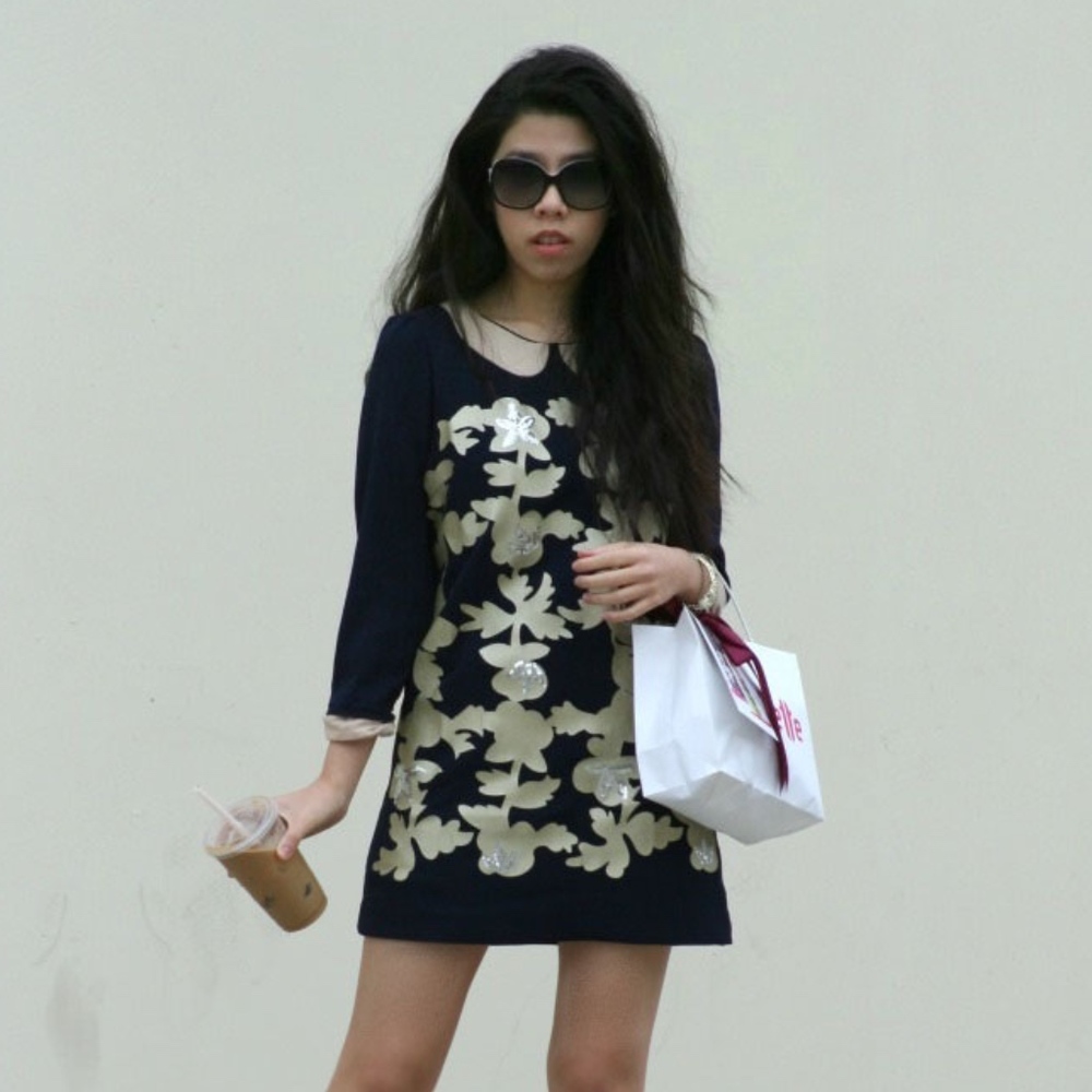 Navy Blue Dress with Beige Peter Pan Collar